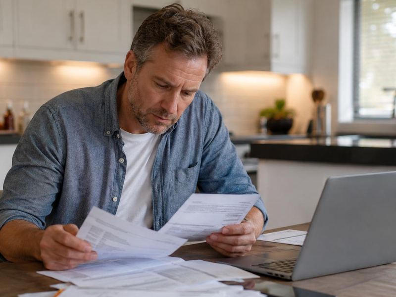 Homme qui consulte ses factures à la maison en cherchant une solution de consolidation de dettes