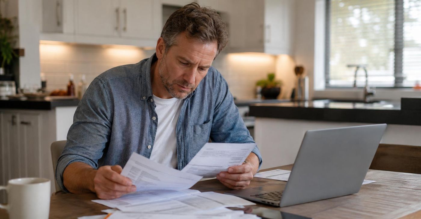 Homme qui consulte ses factures à la maison en cherchant une solution de consolidation de dettes
