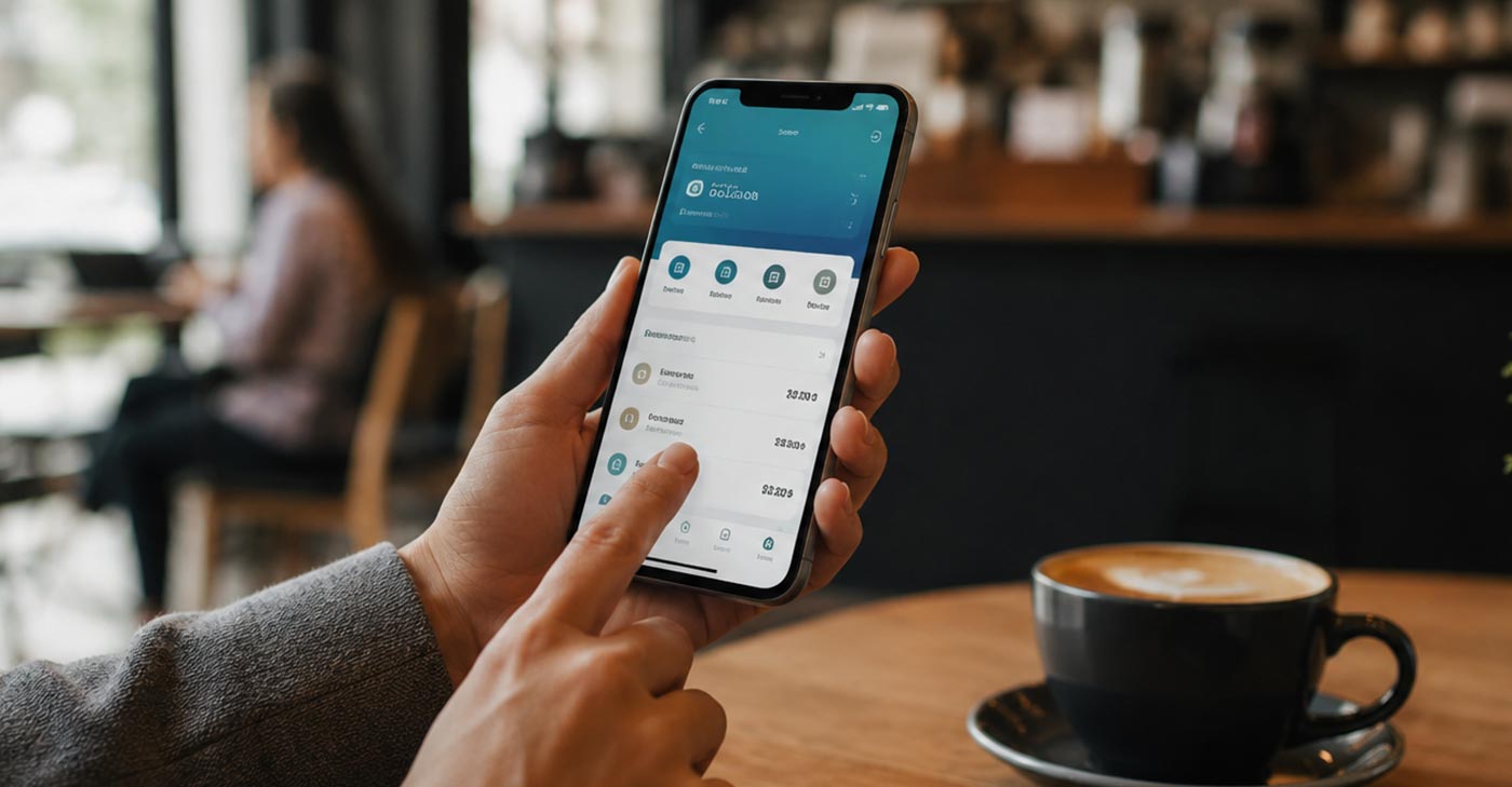 Personne qui gère ses comptes bancaires sur son téléphone, à la maison