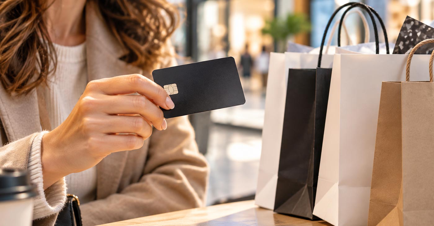 Femme qui tient une carte de crédit noire à côté de sacs de magasinage