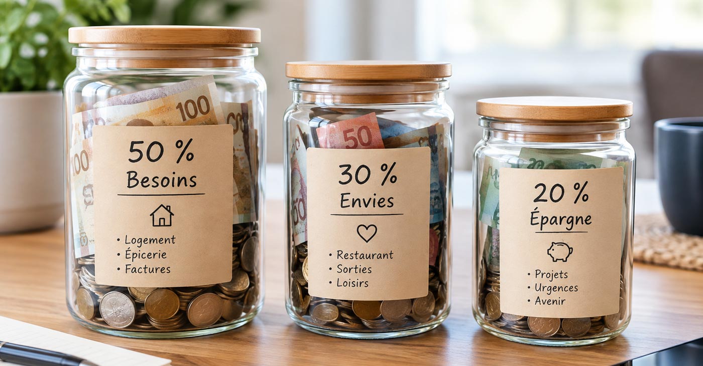 Bocaux d'argent étiquetés 50% Besoins, 30% Envies, 20% Épargne
