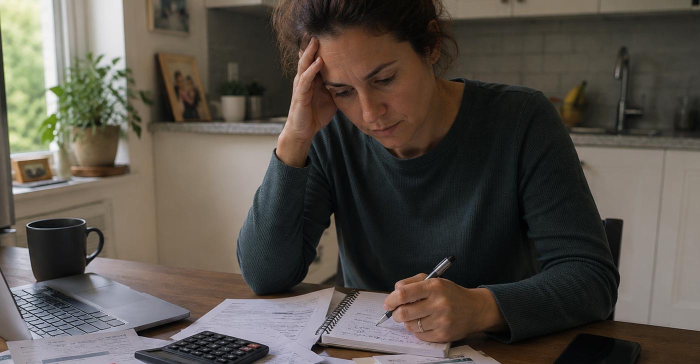 Personne qui consulte ses documents financiers à la table de cuisine en évaluant ses options face à ses dettes
