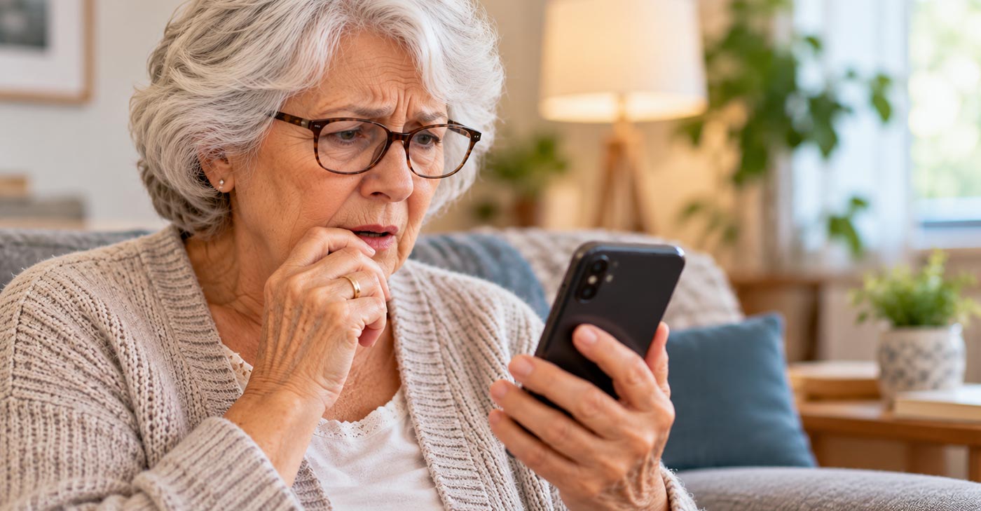 Femme âgée inquiète qui regarde son téléphone après un appel urgent d'un faux petit-enfant