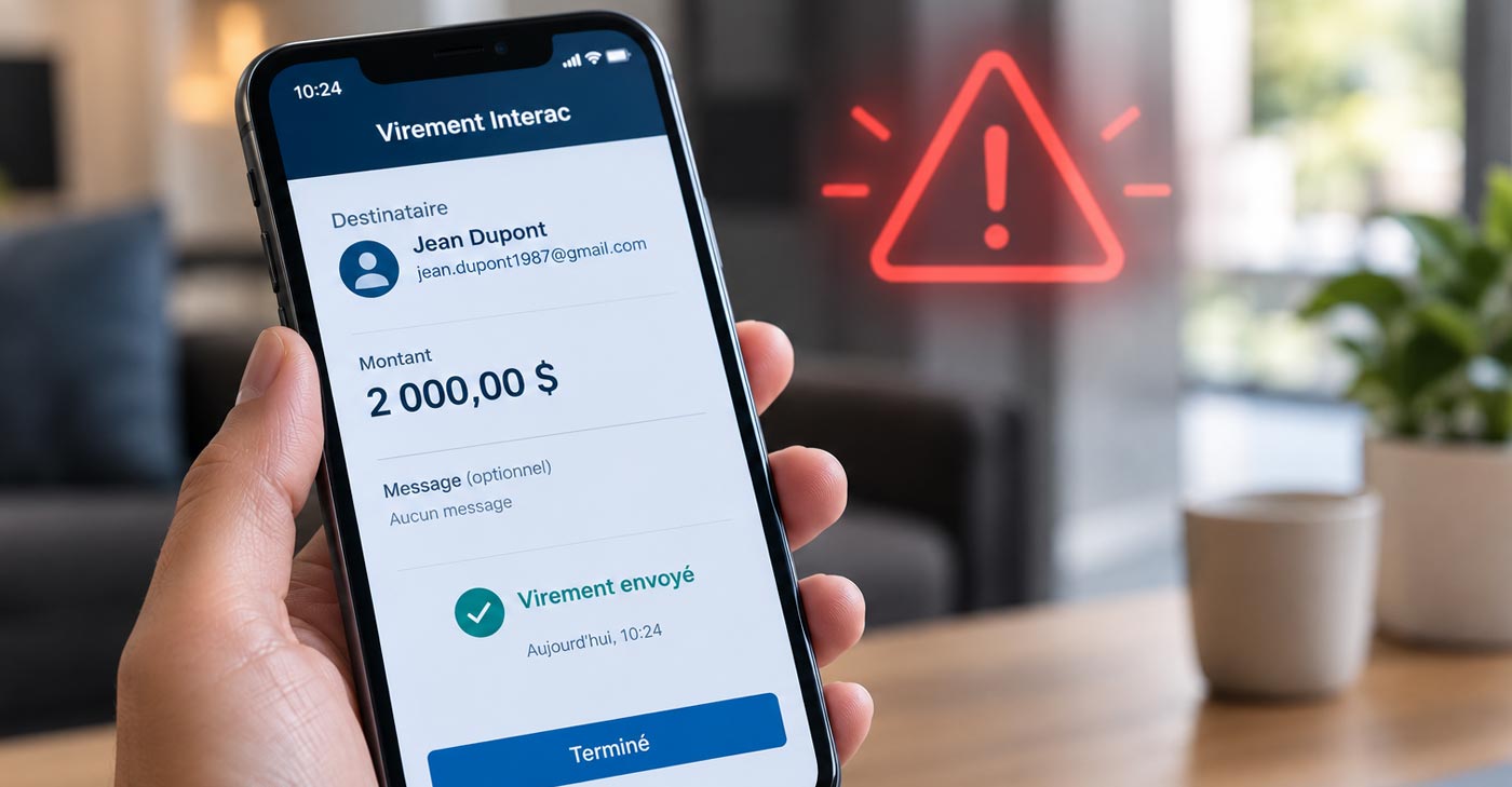 Personne qui vérifie un courriel suspect de virement Interac sur son téléphone