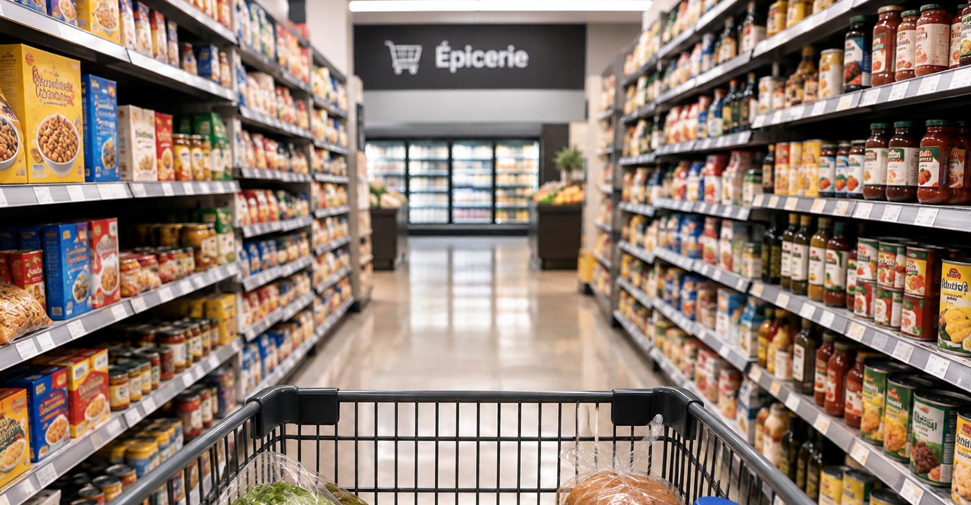 Panier d'épicerie dans une allée de supermarché remplie de produits