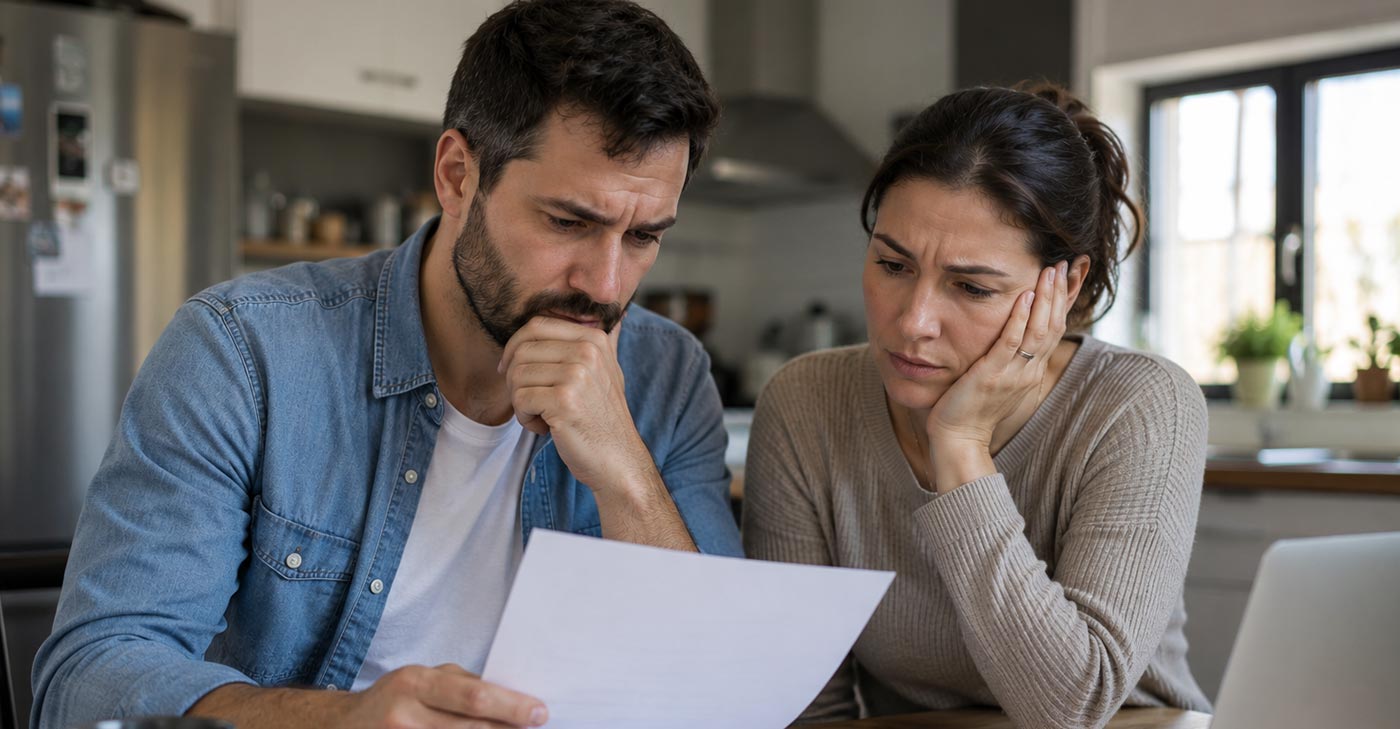 Couple qui examine des documents hypothécaires à la table de cuisine après un refus bancaire