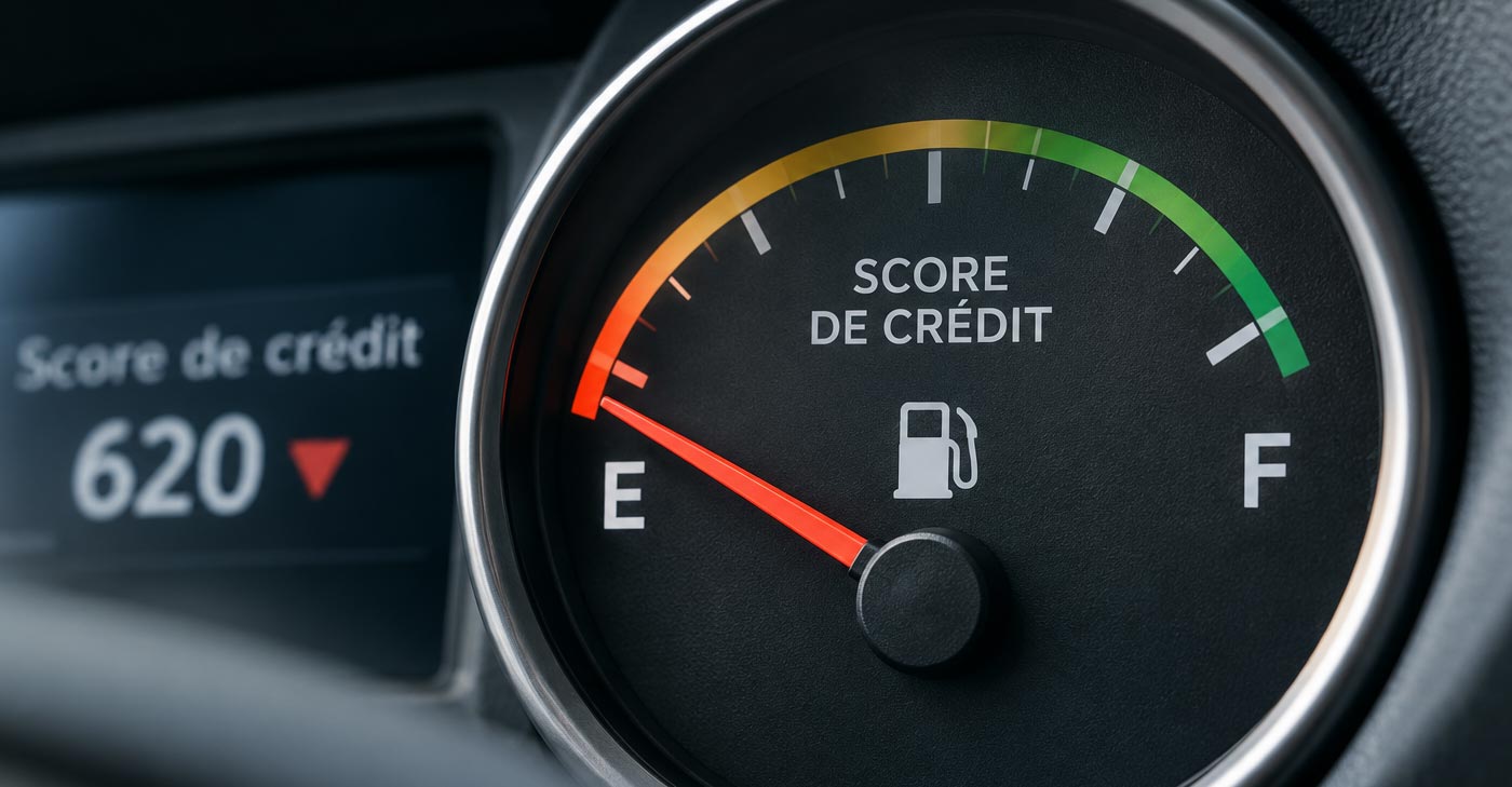 Jauge de score de crédit sur un tableau de bord, aiguille près du vide
